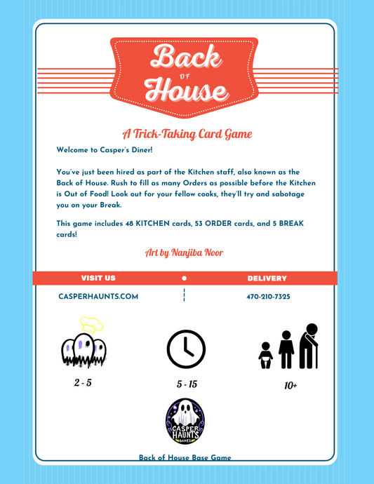 Card game packaging for 'Back of House' with game rules and branding on a blue background