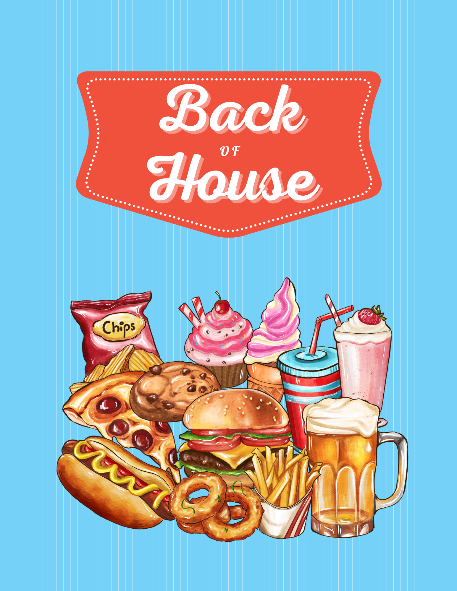 Illustrated food items on a blue background with 'Back of House' text.